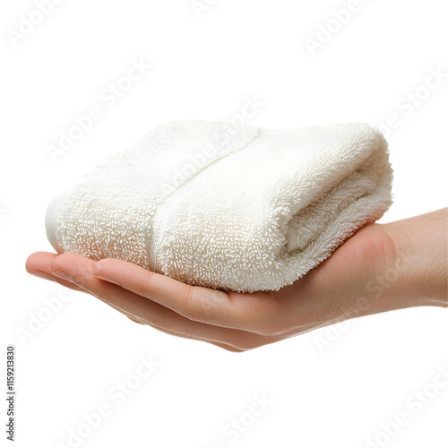 hand holding a folded towel isolate die cut photo