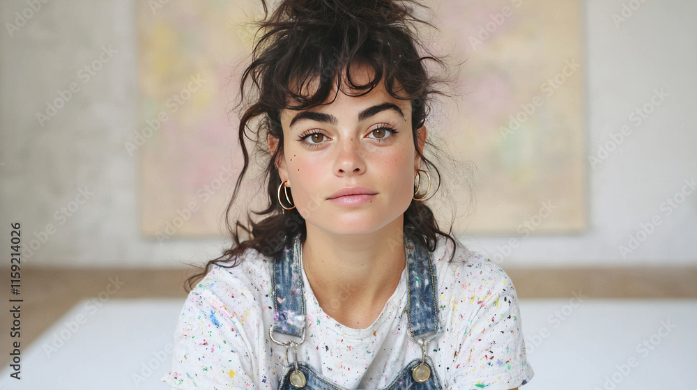 Thoughtful young woman with curly hair, wearing colorful shirt and denim overalls, in bright artistic space Thoughtful young woman with curly hair, wearing colorful shirt and denim overalls, in bright artistic space