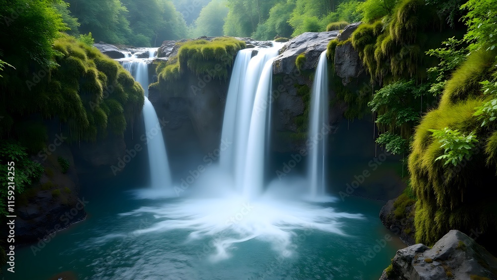 Obraz premium Serene Waterfall Cascading Mossy Rocks Lush Green Forest Background