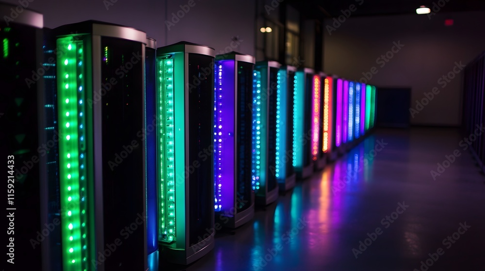 Illuminated server racks in a modern data center Illuminated server racks in a modern data center