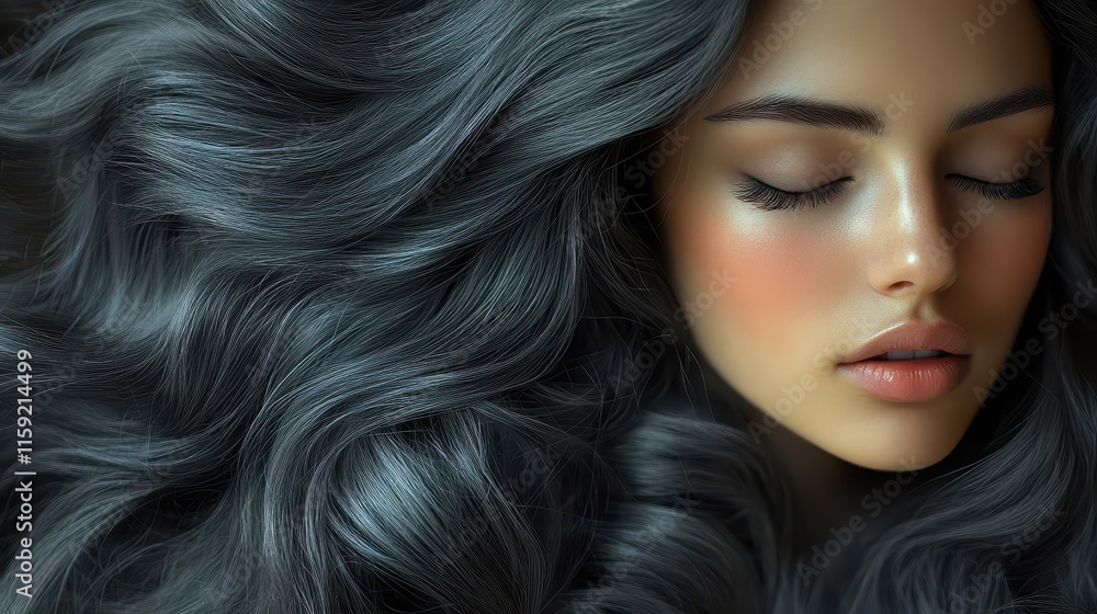 Woman with long beautiful hair resting peacefully in a serene setting with natural light Woman with long beautiful hair resting peacefully in a serene setting with natural light