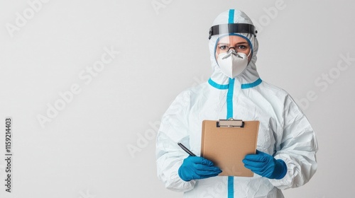 Healthcare Worker in Protective Gear with Clipboard
