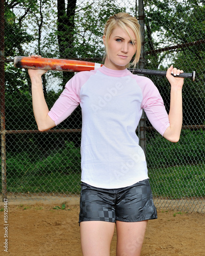 Photography Stunning young blonde female softball player in pink and white baseball jersey s