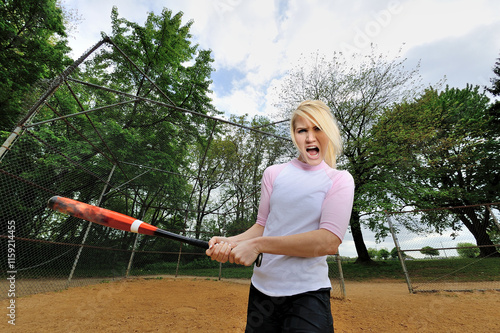 Stunning young blonde female softball player in pink and white baseball jersey shirt - holding bat and swinging - shot with fisheye lens