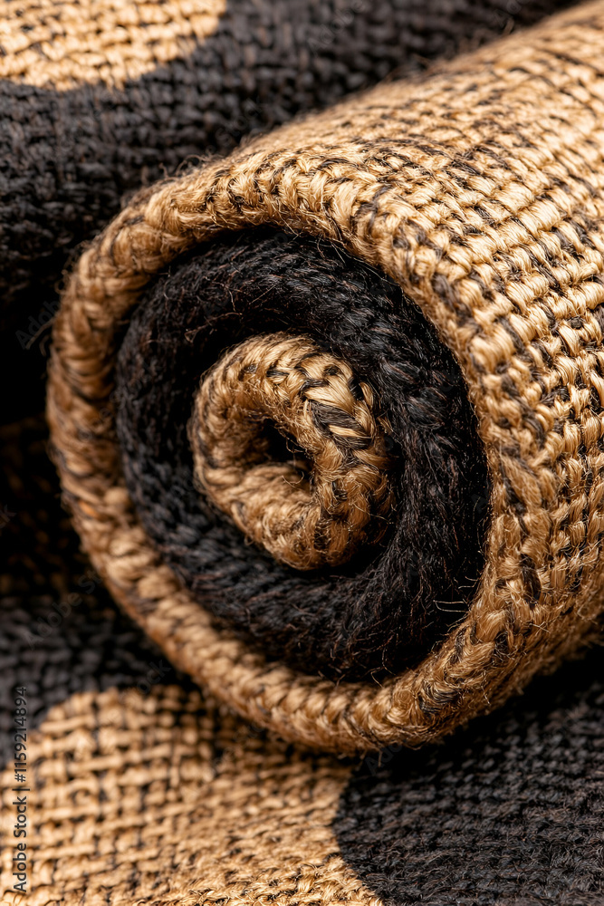 Obraz premium A close-up of a rolled jute rug featuring a textured surface with a contrasting circular design in black and natural fibers.