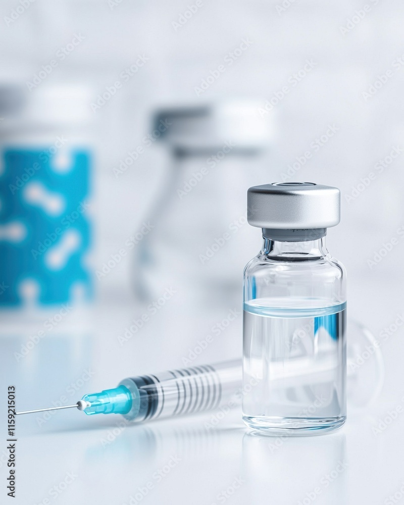 Symbolic Vaccine Vial on a Clean Table Surface Symbolic Vaccine Vial on a Clean Table Surface