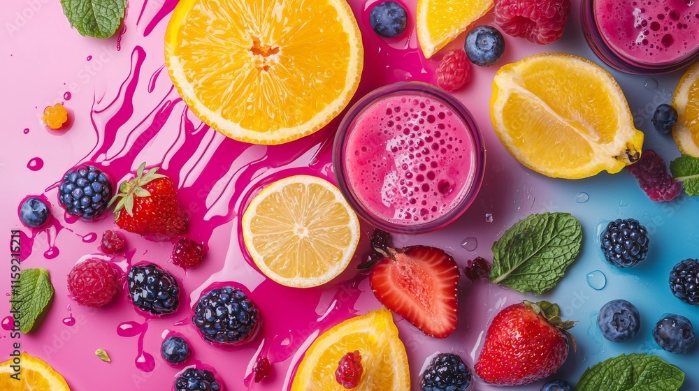 Vibrant splash of fruit juice with fresh citrus Vibrant splash of fruit juice with fresh citrus