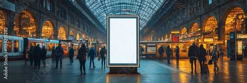 A busy modern train station with a central, glowing advertisement board surrounded by travelers and a classic arched glass ceiling creating a lively urban scene. photo