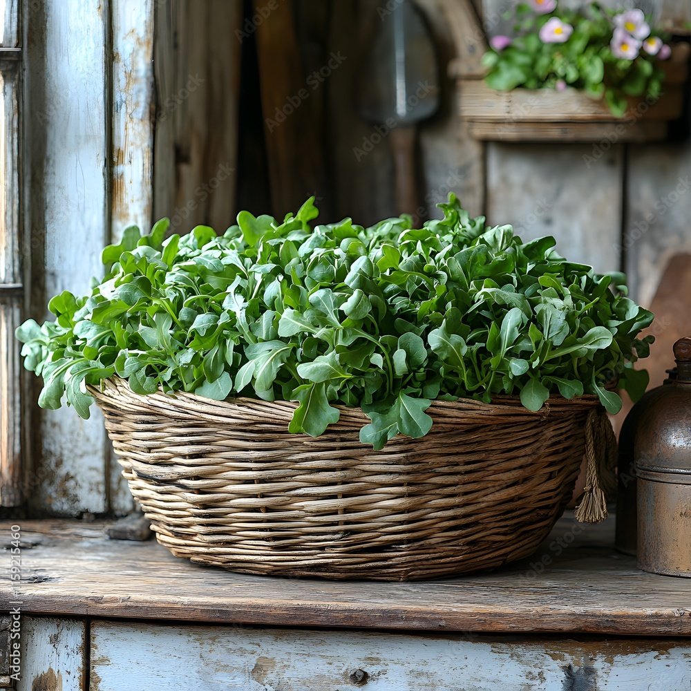Freshly harvested arugula leaves in a rustic wicker basket on a wooden table, showcasing a vibrant green color and natural texture. Perfect for organic food or farm-to-table concepts Freshly harvested arugula leaves in a rustic wicker basket on a wooden table, showcasing a vibrant green color and natural texture. Perfect for organic food or farm-to-table concepts
