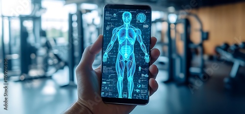 A hand holds a smartphone displaying a digital human anatomy model in a gym. photo