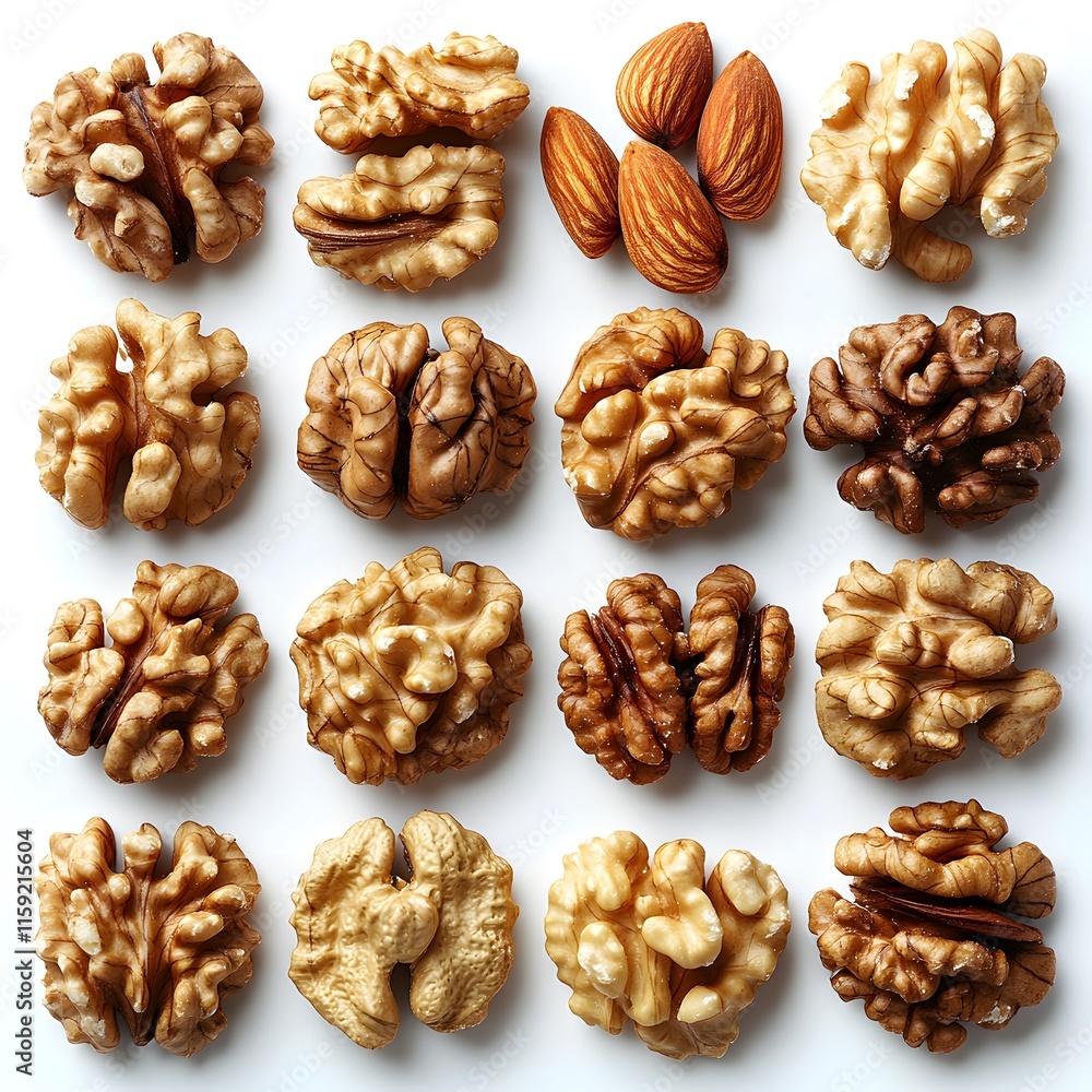 A variety of nuts arranged on a white background, highlighting different shapes and sizes A variety of nuts arranged on a white background, highlighting different shapes and sizes