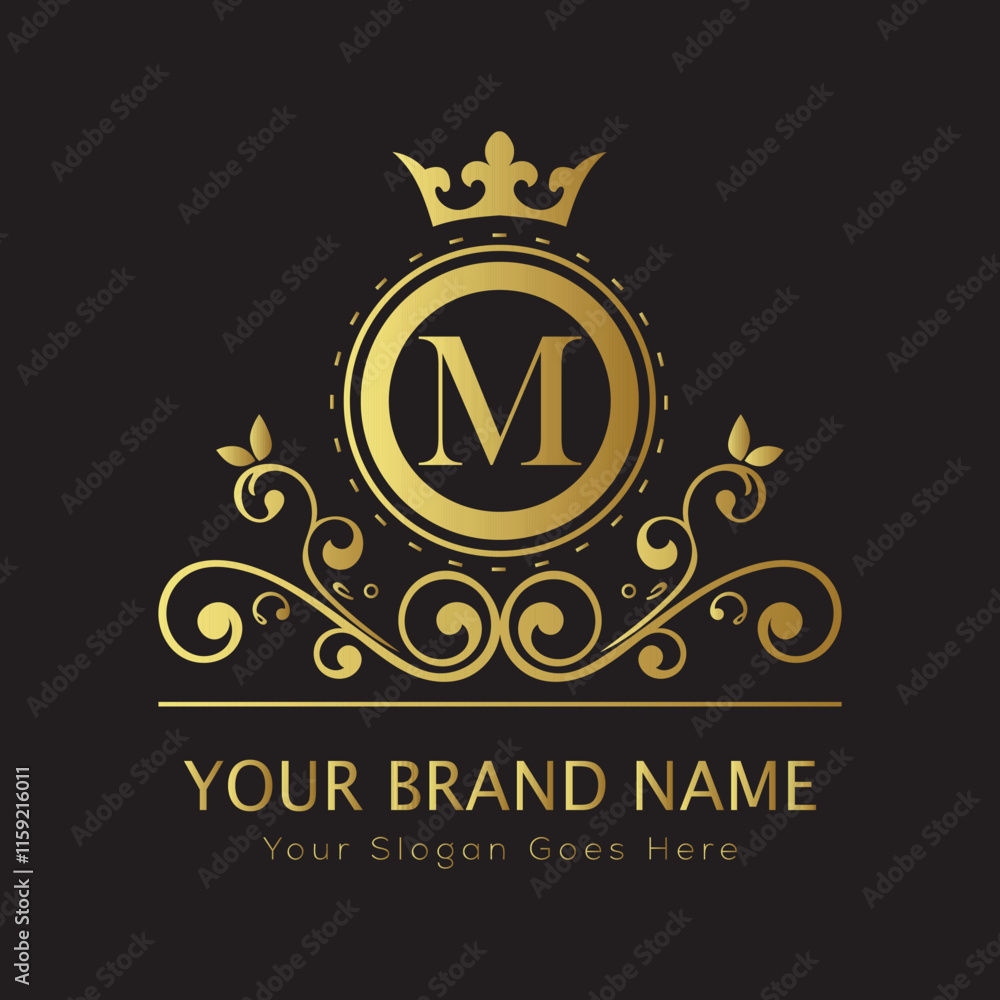 Letter M Luxury brand logo design with a royal gold crown emblem and elegant typography
Letter M Luxury brand logo design with a royal gold crown emblem and elegant typography
