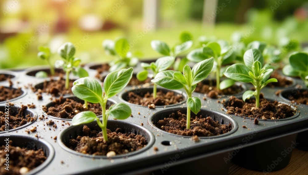 Seedlings growing in trays on a sunny background Seedlings growing in trays on a sunny background