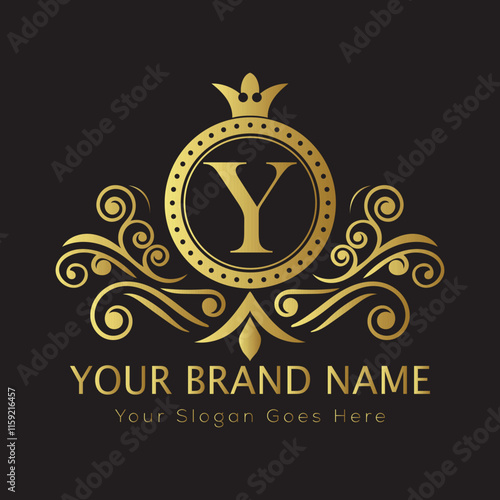 Letter Y Luxury brand logo design with a royal gold crown emblem and elegant typography

