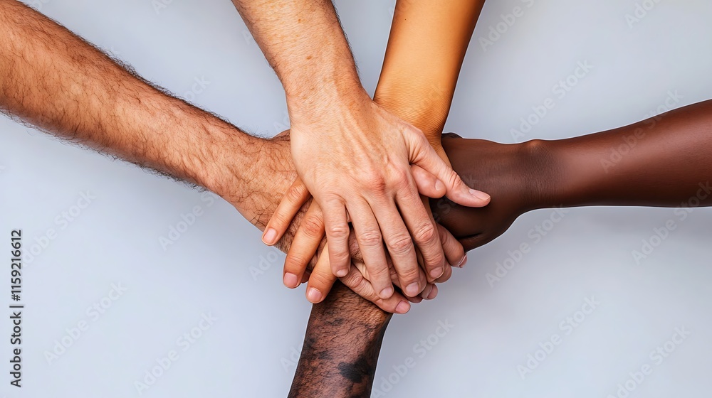Fototapeta premium 6. Hands of diverse individuals joined together in unity on a clean white surface