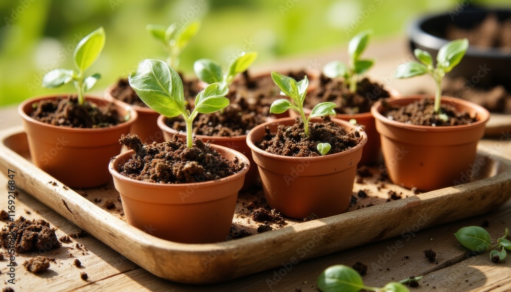 Newly sprouted plants in clay pots on wooden tray Newly sprouted plants in clay pots on wooden tray