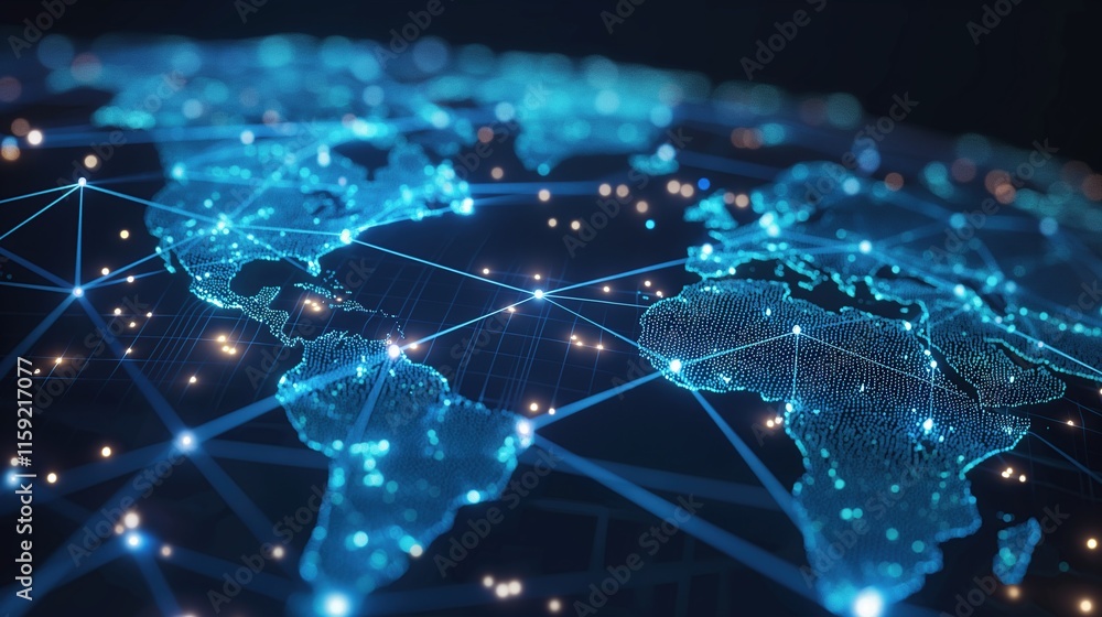 Futuristic Hologram World Map Highlighting Global Network Connections and Data Flow