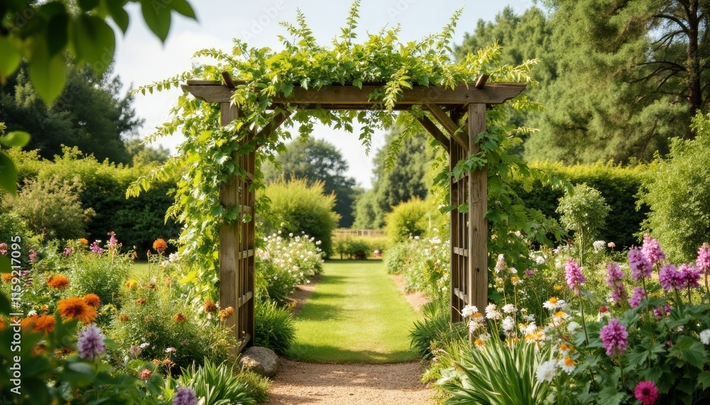 Beautiful garden path with wooden arch and blooming flowers Beautiful garden path with wooden arch and blooming flowers