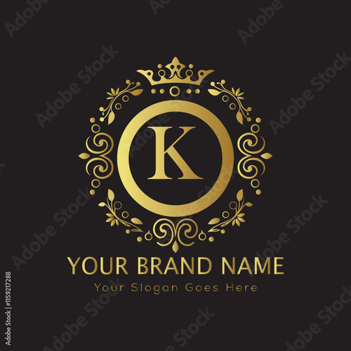 Letter K Luxury brand logo design with a royal gold crown emblem and elegant typography
