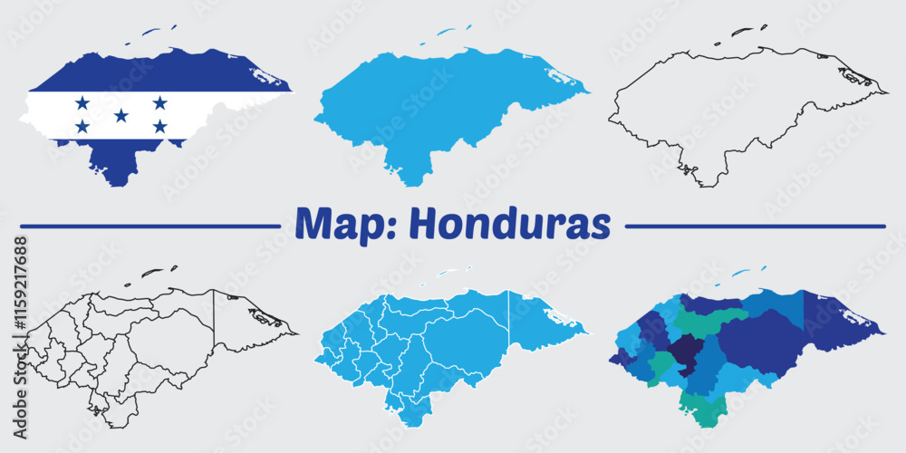 Fototapeta premium Honduras map set. internal provinces borders marked, Simple map of Honduras vector drawing, Filled and outline.
