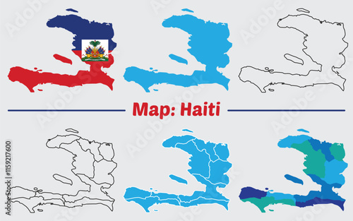 Haiti country map set. internal provinces borders marked, Simple map of Haiti vector drawing, Filled and outline.