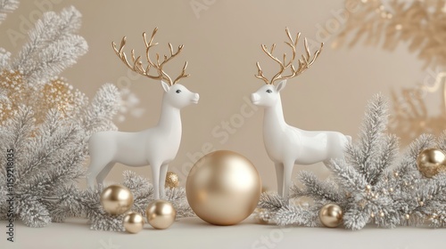 Two elegant white reindeer figurines flank a gold bauble amidst frosted branches and gold ornaments on a beige background. photo