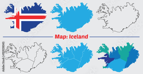 Iceland country map set. internal provinces borders marked, Simple map of Iceland vector drawing, Filled and outline.