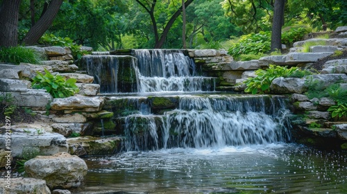 A calming serene waterfall, with gentle cascades surrounded by soft mossy banks,