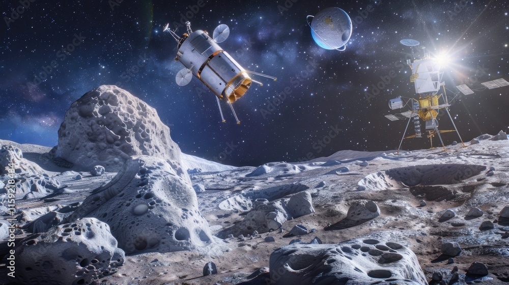 Naklejka premium A captivating display of space technology innovation, showcasing spacecraft, satellites, and futuristic concepts,