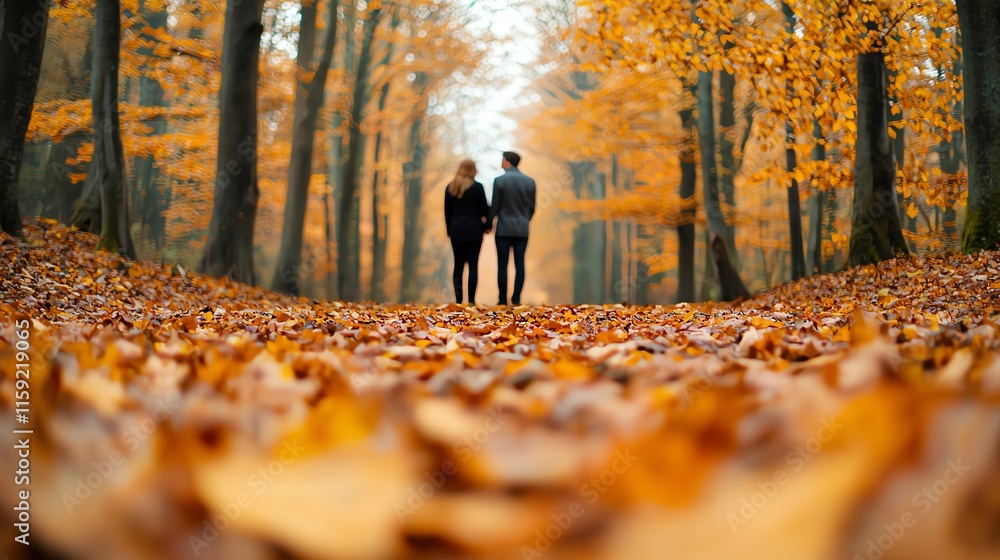 A couple stands together in a picturesque forest path covered with vibrant autumn leaves, capturing the essence of fall romance. A couple stands together in a picturesque forest path covered with vibrant autumn leaves, capturing the essence of fall romance.
