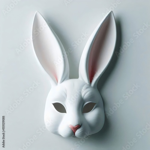 White rabbit mask with long ears on the wall.