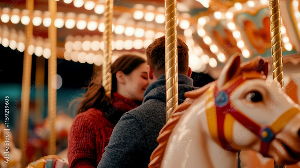 Sweet couple sharing a romantic moment on a carousel, surrounded by glowing lights and colorful horses. Sweet couple sharing a romantic moment on a carousel, surrounded by glowing lights and colorful horses.