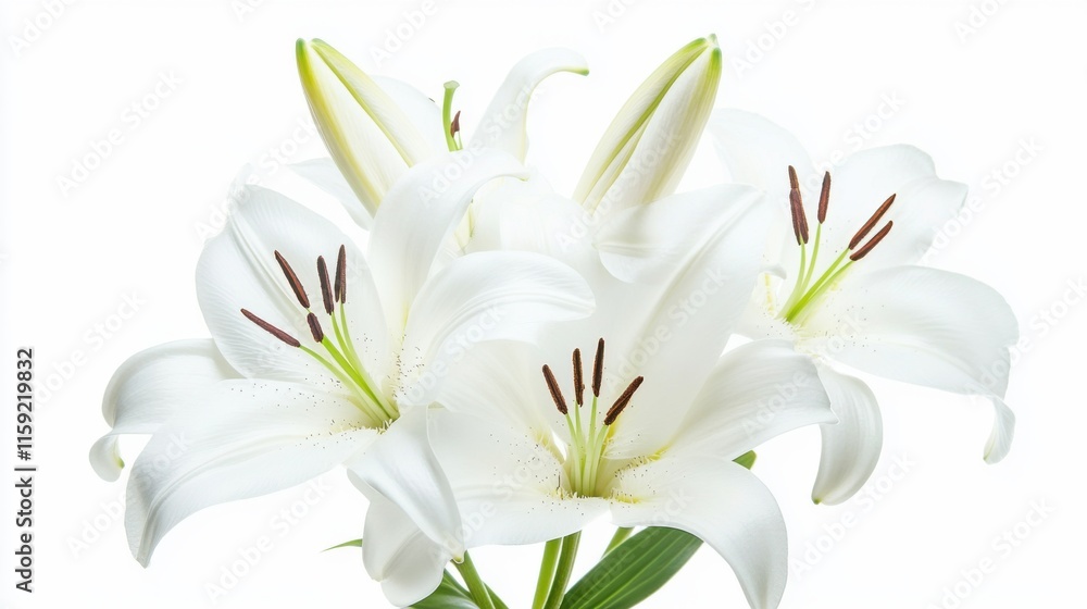 Macro shot of a cluster of white lilies with their elegant, trumpet-shaped petals, isolated white background Macro shot of a cluster of white lilies with their elegant, trumpet-shaped petals, isolated white background