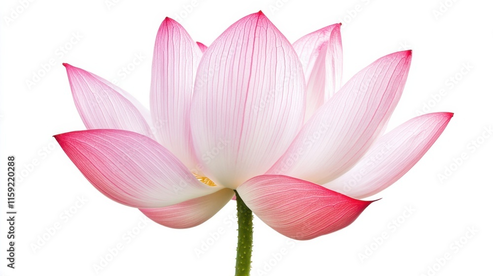 Macro view of a single pink lotus flower with delicate petals unfolding, isolated white background, minimalist art style Macro view of a single pink lotus flower with delicate petals unfolding, isolated white background, minimalist art style