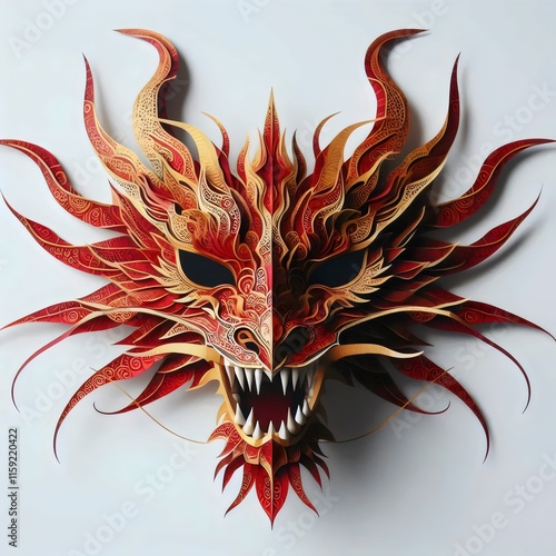 Red dragon mask on the wall.
