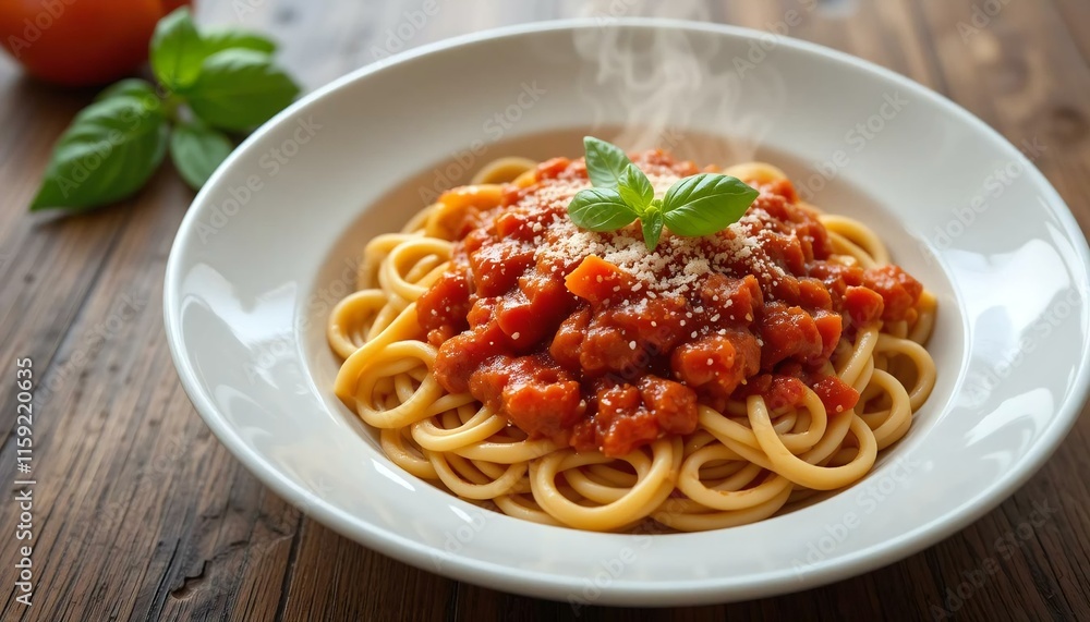 A steaming bowl of pasta with vibrant red tomato sauce, garnished with fresh basil leaves, on a wooden table. A steaming bowl of pasta with vibrant red tomato sauce, garnished with fresh basil leaves, on a wooden table.