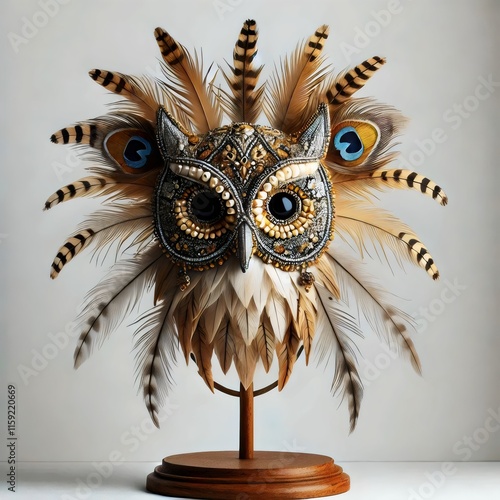 Owl mask with feathers.
