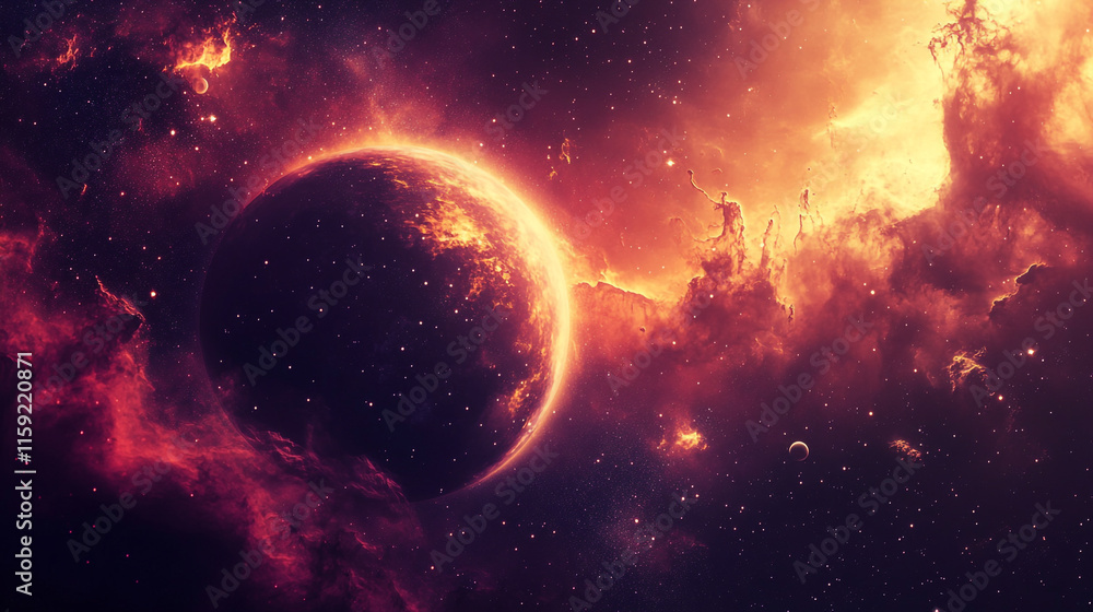 Obraz premium Vivid cosmic landscape featuring a glowing planet and swirling nebulae in deep space