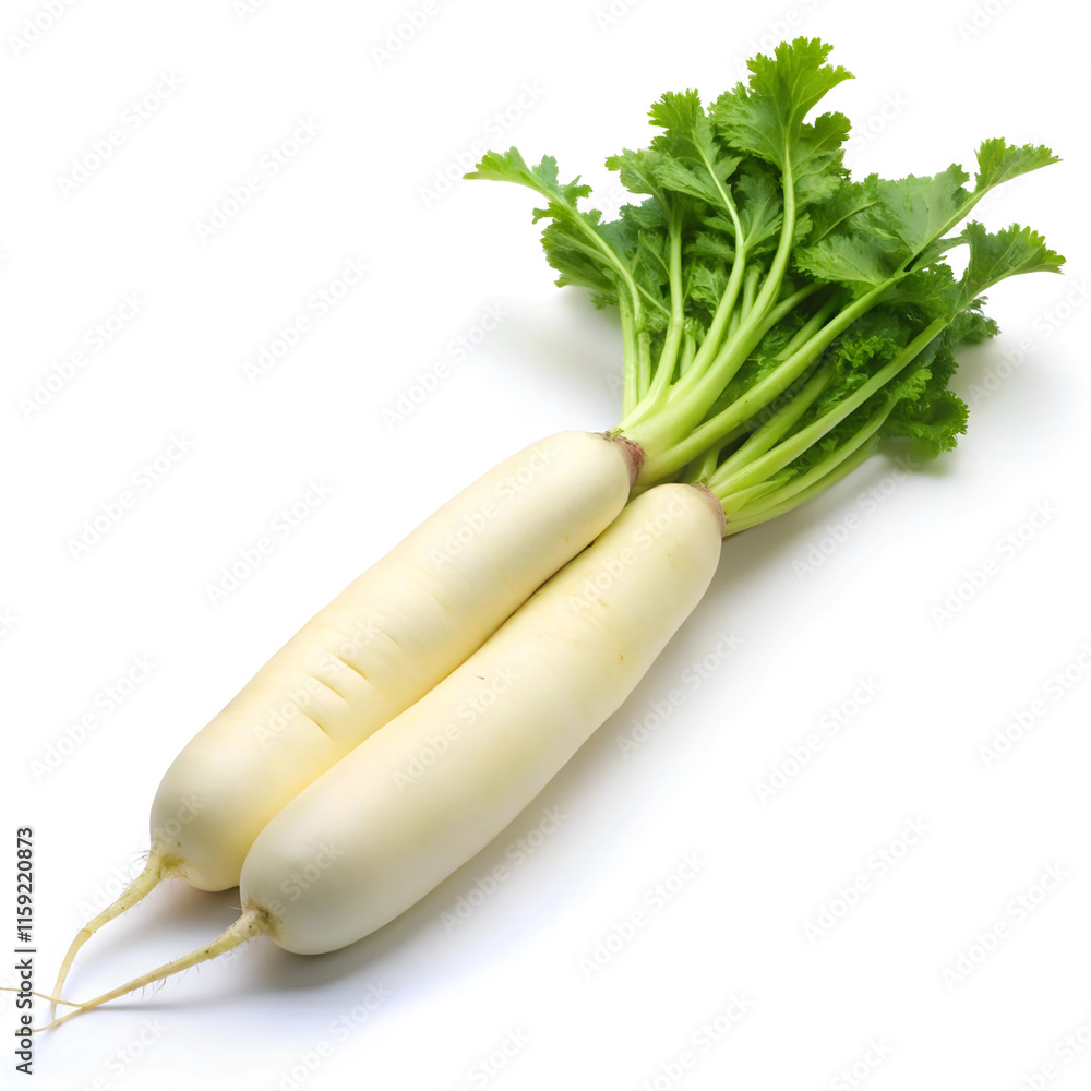 Long White Daikon Radish with Green Leafy Tops Isolated on White Long White Daikon Radish with Green Leafy Tops Isolated on White