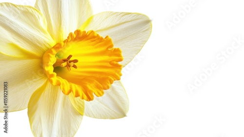 Macro view of a yellow daffodil with its trumpet-shaped corona, isolated white background, minimalist art style