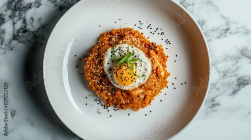 Kimchi fried rice with pork topped with fried egg sesame seed and Crispy Seaweed in white plate.Korean food.Top view. photo