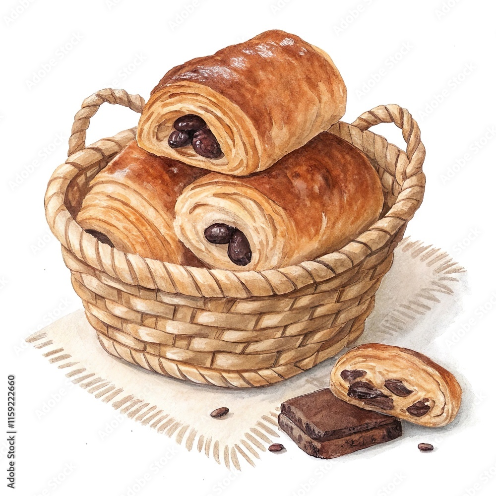 Obraz premium Pain au chocolat clipart cartoon 2d watercolor illustration, isolated on white background
