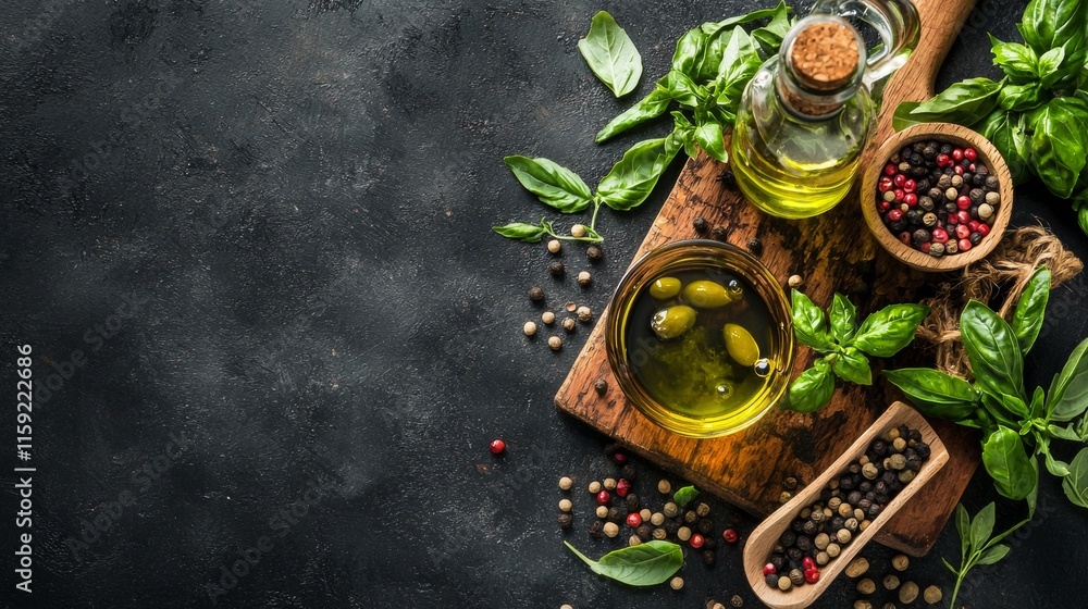 Fresh herbs and olive oil on a rustic surface Fresh herbs and olive oil on a rustic surface