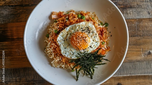 Kimchi fried rice with pork topped with fried egg sesame seed and Crispy Seaweed in white plate.Korean food.Top view. photo