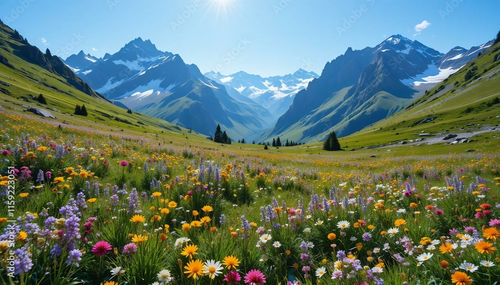Fototapeta premium A serene alpine meadow covered in vibrant wildflowers, framed by snow-capped peaks under a bright blue sky.