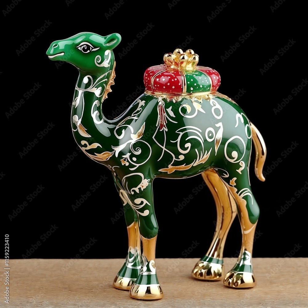 Fototapeta premium Ornate Green and Gold Camel Figurine with Traditional Middle Eastern Patterns