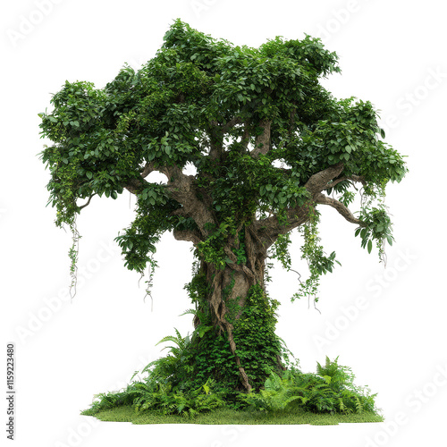 lush rainforest tree covered in vines and moss stands isolated, exuding sense of tranquility