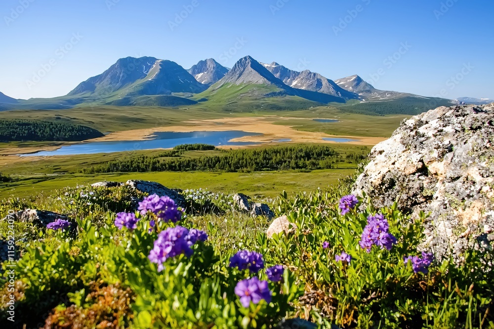 Obraz premium Scenic Mountain View with Vibrant Wildflowers and Serene Lake in the Background