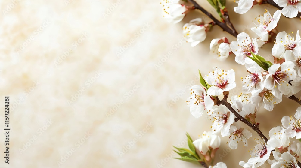 Fototapeta premium Beautiful White Cherry Blossom Branch on Soft Beige Background for Relaxing Atmosphere