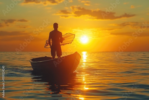 A person standing on a small boat in the open ocean, great for travel or adventure themes photo